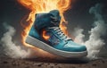 Sportswear walking shoe in electric blue with flames soaring through the air Royalty Free Stock Photo