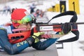 Sportswoman biathlete Yegorova Polina Kazakhstan rifle shooting prone position