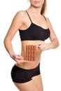 Sportswoman with chocolate. The problem and the temptation while