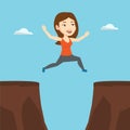 Sportswoman jumping over cliff vector illustration