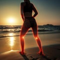 Sportswoman, knee pain or red glow by beach fitness, ocean workout or sea training in healthcare wellness crisis AI generated