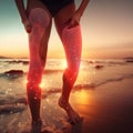 Sportswoman, knee pain or red glow by beach fitness, ocean workout or sea training in healthcare wellness crisis AI generated