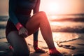 Sportswoman, knee pain or red glow by beach fitness, ocean workout or sea training in healthcare wellness crisis AI generated