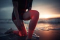 Sportswoman, knee pain or red glow by beach fitness, ocean workout or sea training in healthcare wellness crisis AI generated