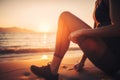 Sportswoman, knee pain or red glow by beach fitness, ocean workout or sea training in healthcare wellness crisis AI generated