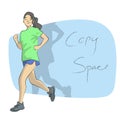 sportswoman runner front of blue copyspace illustration vector hand drawn isolated on white background