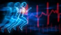 Sportswoman or sporty woman running fast with futuristic hologram effect and ekg curves. Sport, run, health, fitness, workout,