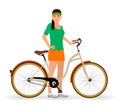 Sportswoman standing with a bicycle on a white background. Sport characters. Healthy lifestyle concept.