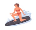 Sportswoman in swimsuit standing one knee on surfboard ride at wave vector flat illustration. Surfer female demonstrate Royalty Free Stock Photo