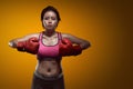 Sporty asian boxer female with red gloves