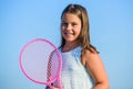 Sporty beauty. girl with tennis racquet. summer sport activity. energetic child. happy and cheerful. sporty game playing