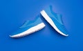 sporty blue sneakers pair on blue background, shoe store