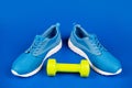 sporty blue sneakers pair with dumbbell on blue background, sport accessory