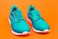 sporty blue sneakers. shoes on orange background. shoe store. shopping concept. Royalty Free Stock Photo