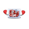 A sporty boxing athlete mascot design of frozen beef with red boxing gloves