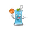 Sporty cartoon mascot design of blue hawai cocktail with basketball