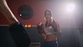 Sporty Coach Training Athlete woman Boxing exercise in Fitness Gym Healthy Lifestyle bodybuilding