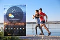 Sporty couple running and weather forecast widget. Mobile application