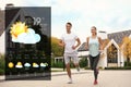 Sporty couple running and weather forecast widget. Mobile application