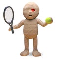 Sporty Egyptian mummy monster loves playing tennis in the summer, 3d illustration