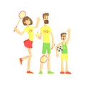 Sporty Family With Tennis Rackets And Ball