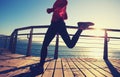 Sporty female jogger morning exercise on seaside boardwalk Royalty Free Stock Photo