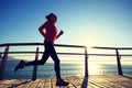 Sporty female jogger morning exercise on seaside boardwalk Royalty Free Stock Photo