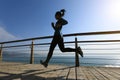 Sporty female jogger morning exercise on seaside boardwalk Royalty Free Stock Photo