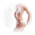 Healthcare, dieting, sport and beauty concept. Beautiful female body. Girl in white swimsuit. Royalty Free Stock Photo