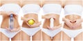 Sporty, fit and healthy female body in fitness collage. Young women in swimsuits on white. Royalty Free Stock Photo