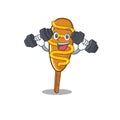 Sporty Fitness exercise corn dog mascot design using barbells