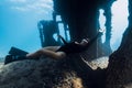 Sporty girl freediver exploring underwater the ruins of a ship. Free diving at wreck ship