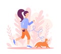 A sporty girl jogging with a Corgi dog. Vector flat style illustration for websites, banners, landing pages. A woman in sportswear