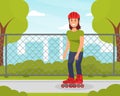 Sporty girl rollerblading. Urban city personal eco transport flat vector