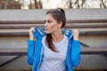 Sporty girl on the stadium. Stadium tribune. Slim sporty fitness woman. Royalty Free Stock Photo