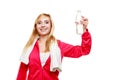 Sporty girl towel on shoulders drinking water Royalty Free Stock Photo