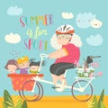 Sporty grandmother riding bicycle with her grandchildren