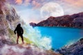 Sporty guy against the background of the alien landscape. Mountains, the lake and sky with moon.