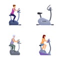 Sporty human icons set cartoon vector. People train on sport exercise bicycle