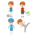 Sporty kid playing soccer, tennis, swimming, and taekwondo