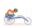 Sporty lady in protective helmet with disability sitting on bicycle