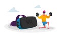 Sporty Male Character in Virtual Reality Headset Exercising Squat with Dumbbell in Gym. Man Wearing Vr Glasses Royalty Free Stock Photo