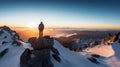 Sporty man on the mountain peak looking on mountain valley with sunbeams at colorful sunset. Royalty Free Stock Photo