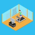 Sporty Man Running on Treadmill at Home. Isometric People. Vector