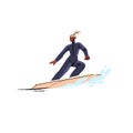 Sporty people surfing in sea. Woman standing on surfboard. Surfer in wet suit doing extreme water sport. Beach