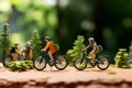 Sporty ride Miniature people riding bicycles with a vibrant green background