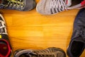 Sporty Shoes on Wooden Background Royalty Free Stock Photo