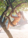 Sporty slim young woman wearing bikini climbing tree on a sandy beach at resort. Smiling caucasian brunette girl hanging Royalty Free Stock Photo