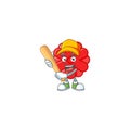 Sporty smiling chinese red flower cartoon mascot with baseball