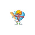 Sporty smiling love gift blue cartoon mascot with baseball Royalty Free Stock Photo